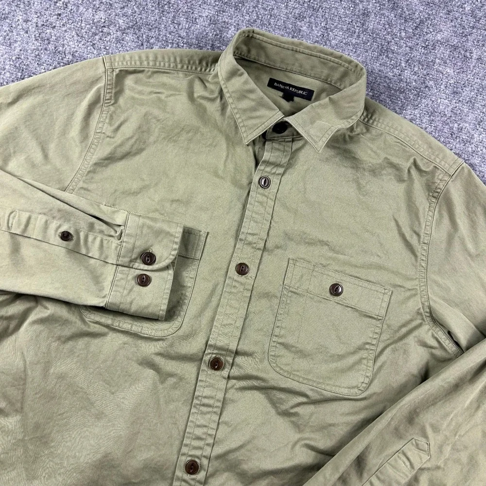 Banana Republic Shirt Mens Large Olive Green Cotton Stretch Utility Button Down